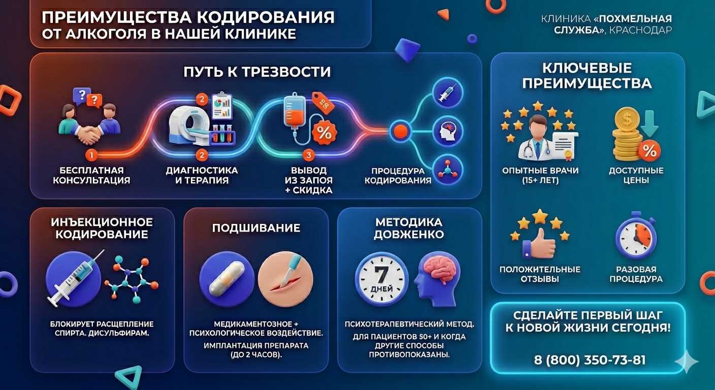 Инфографика о методах кодирования от алкоголя в Саянске: инъекции, подшивание, метод Довженко. Преимущества клиники и этапы лечения.